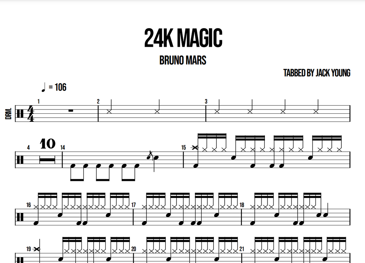 24k Magic - Bruno Mars | Drum Sheet Music PDF