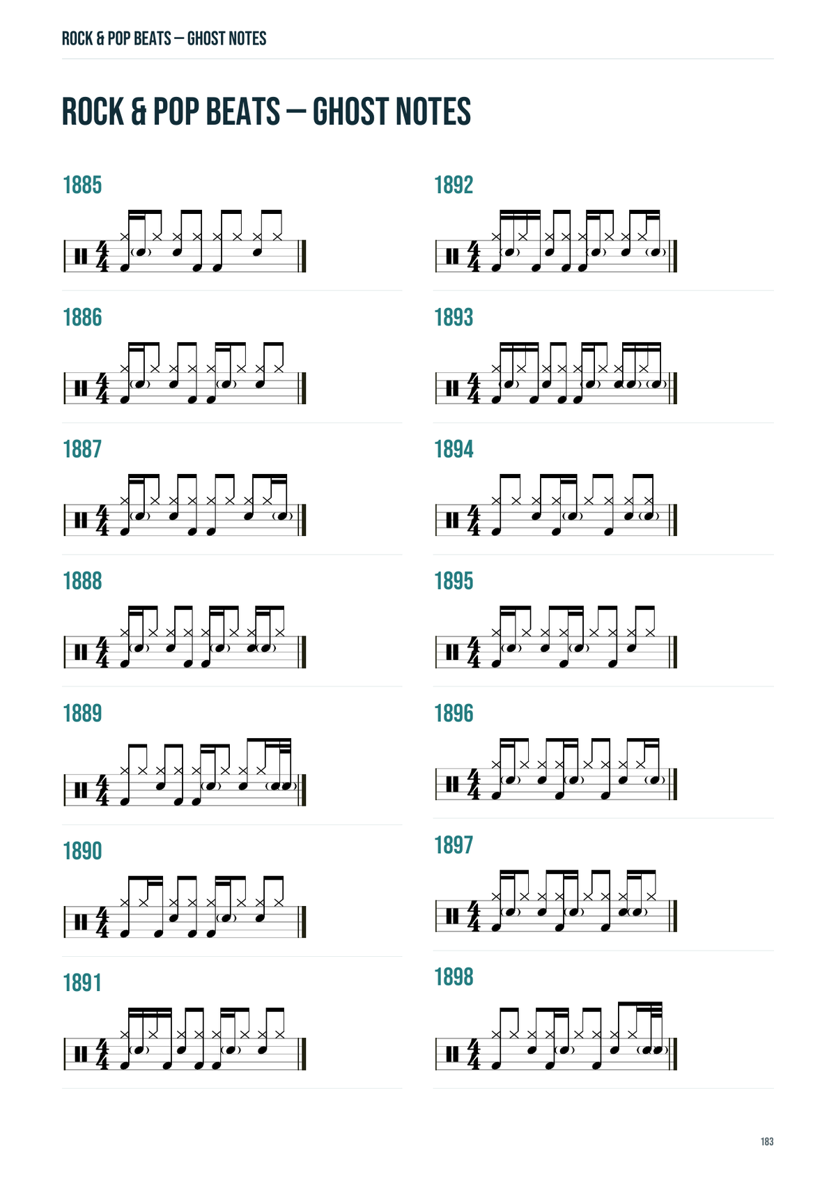 Sample page 183 from Jack's Big Book of Beats showing rock and pop ghost-note patterns.