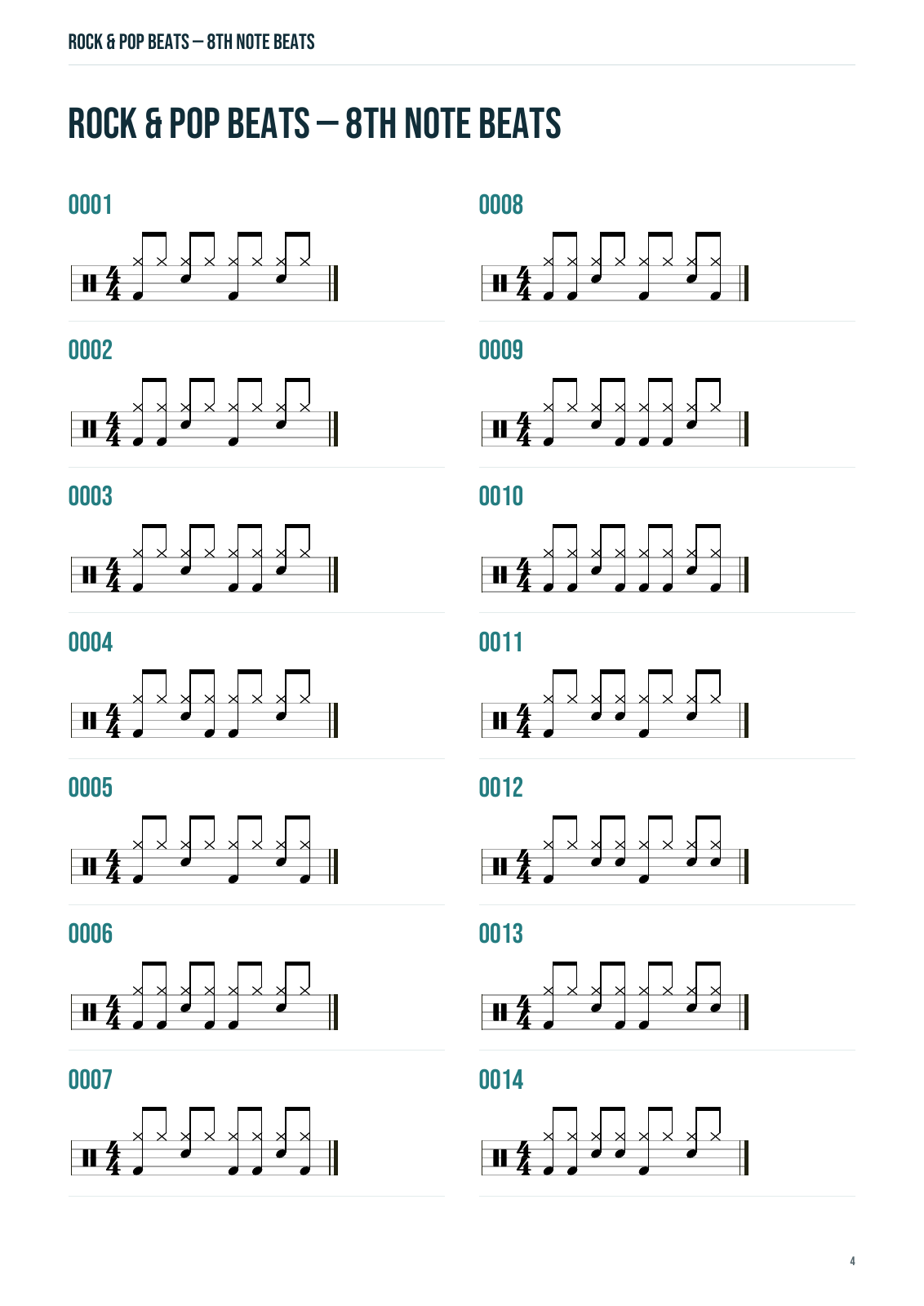 Sample page 4 from Jack's Big Book of Beats showing numbered rock and pop drum patterns.